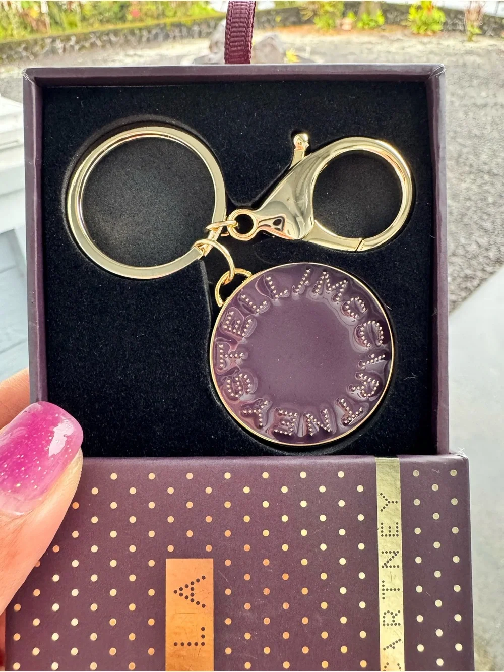Stella McCartney Plum Logo Keychain Bag Charm Gold Tone NIB